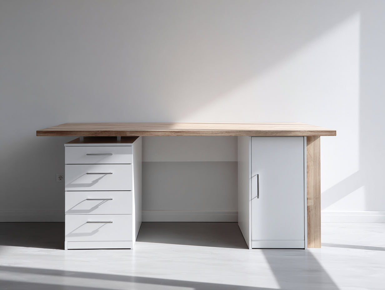 Bureau - Bois - 160x70x76 cm - Blanc-Bois naturel - Moderne avec rangement