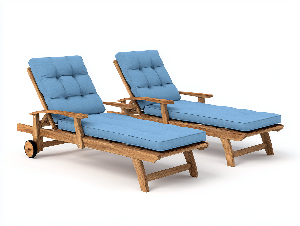 Bain de soleil - bois-tissu - 204 x 77 x 92 cm - naturel-bleu ciel - rustique