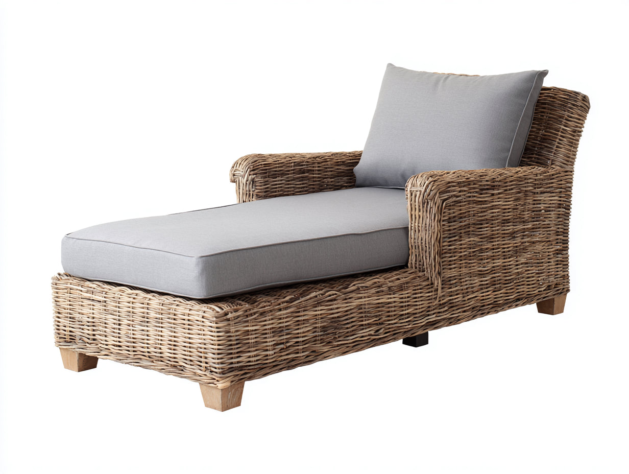 Bain de soleil - rotin-tissu-bois - 184 x 84 x 77 cm - naturel-gris clair - naturel