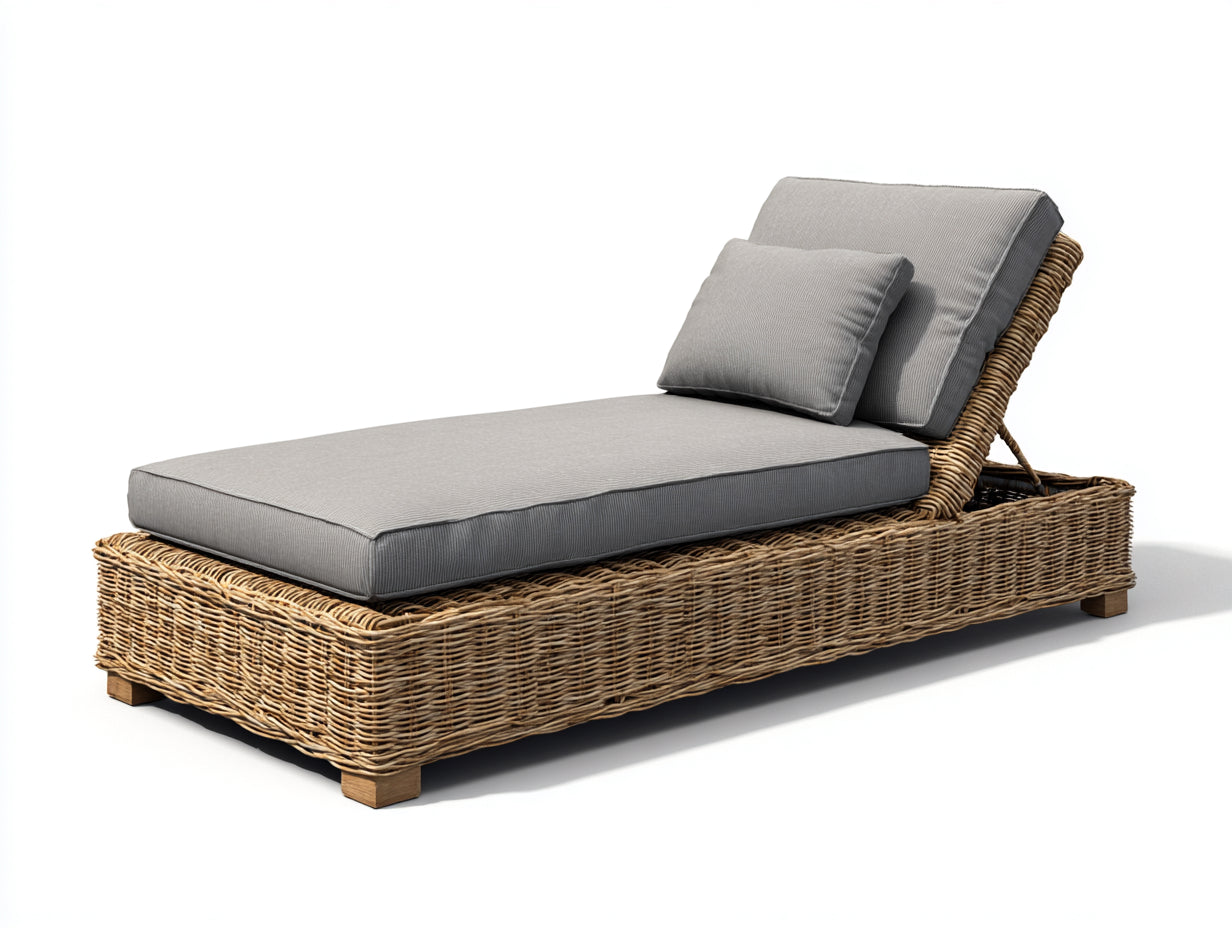 Bain de soleil - rotin-tissu-bois - 192 x 78 x 74 cm - naturel-gris moyen - réglable
