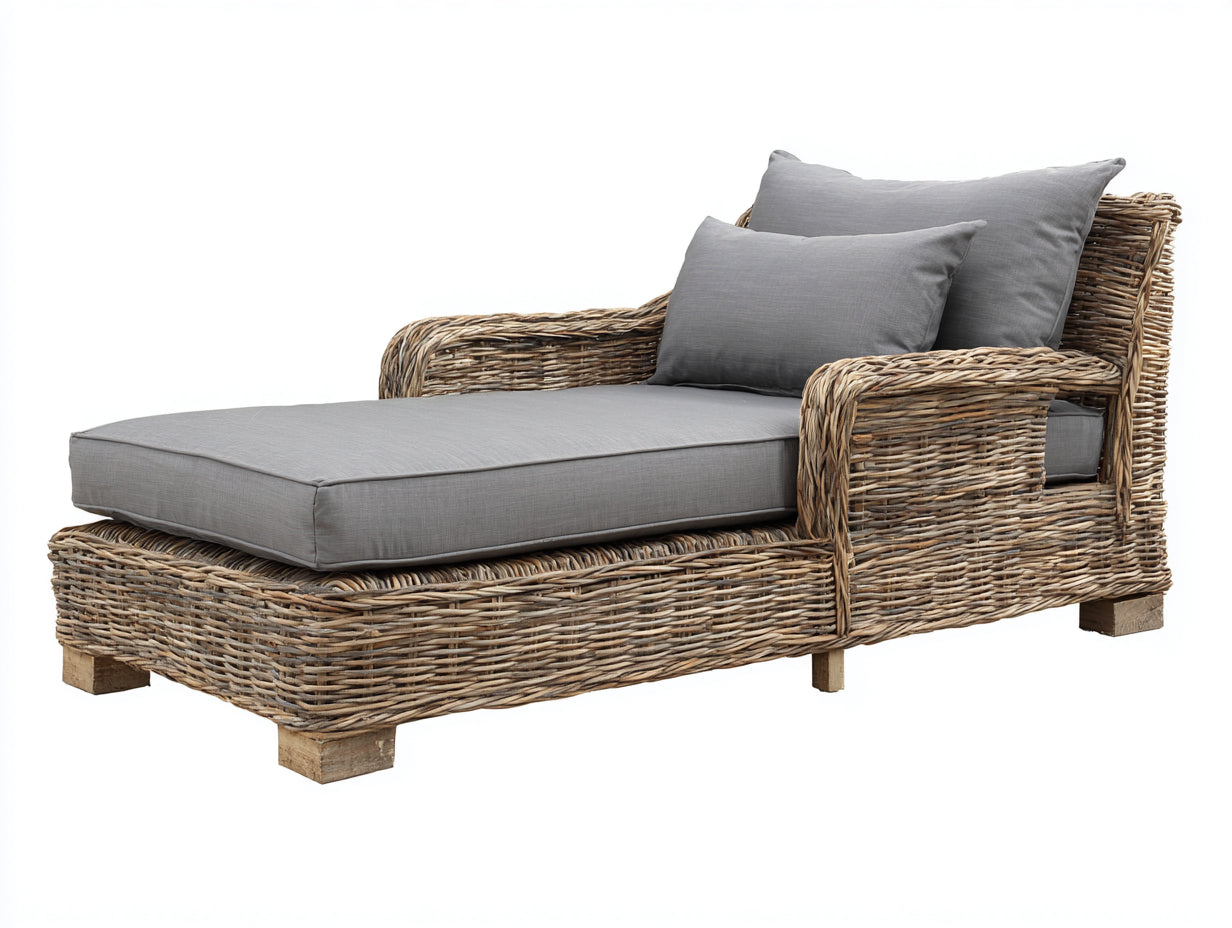 Bain de soleil - rotin-tissu-bois - 188 x 86 x 78 cm - naturel-gris anthracite - bohème