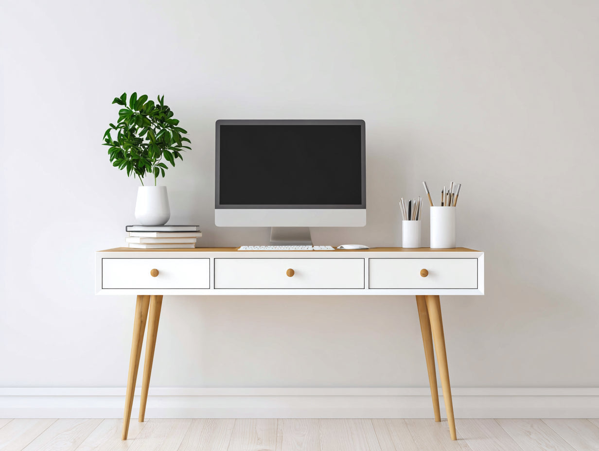 Bureau - Bois - 135x55x78 cm - Blanc-Bois naturel - Scandinave avec tiroirs