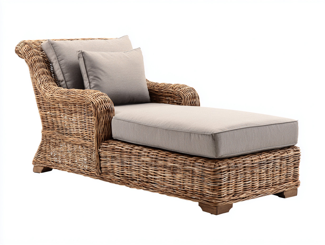 Bain de soleil - rotin-tissu-bois - 176 x 86 x 82 cm - naturel-beige grisé - campagne chic