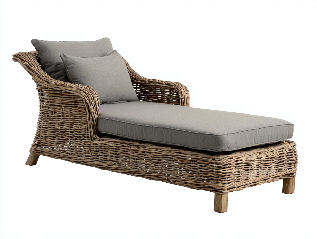 Bain de soleil - rotin-tissu-bois - 190 x 84 x 80 cm - naturel-gris taupe - bord de mer