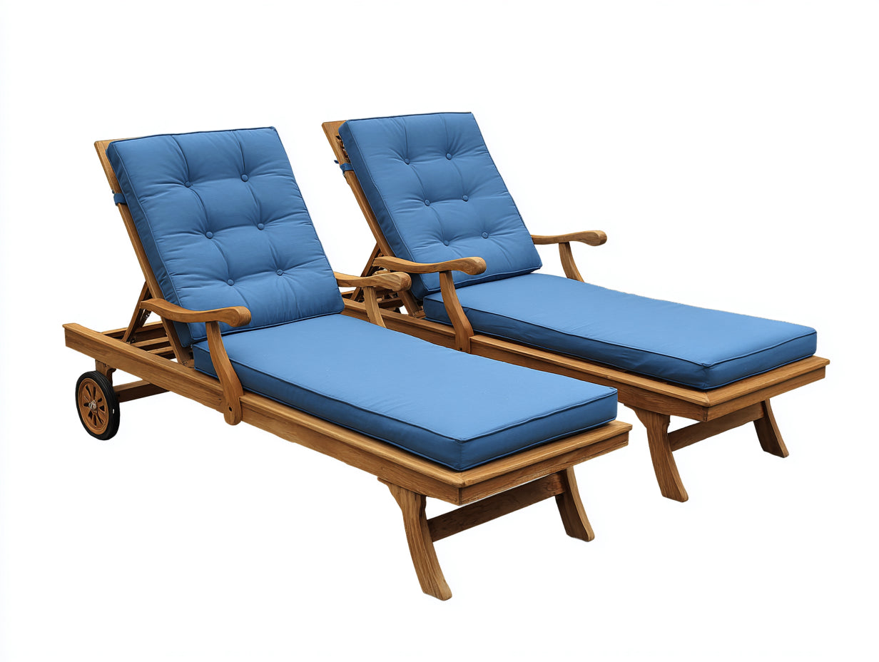 Bain de soleil - bois-tissu - 203 x 76 x 93 cm - naturel-bleu denim - traditionnel