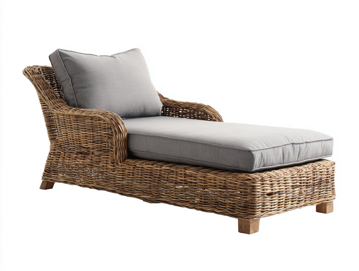 Bain de soleil - rotin-tissu-bois - 185 x 82 x 78 cm - naturel-gris clair - bohème