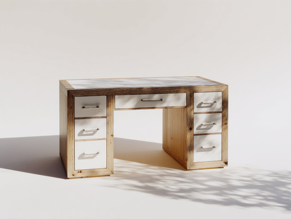 Bureau - Bois - 150x65x76 cm - Bois naturel-Blanc - Classique avec rangement