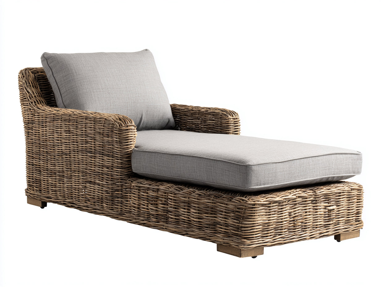 Bain de soleil - rotin-tissu-bois - 182 x 88 x 76 cm - naturel-gris perle - naturel