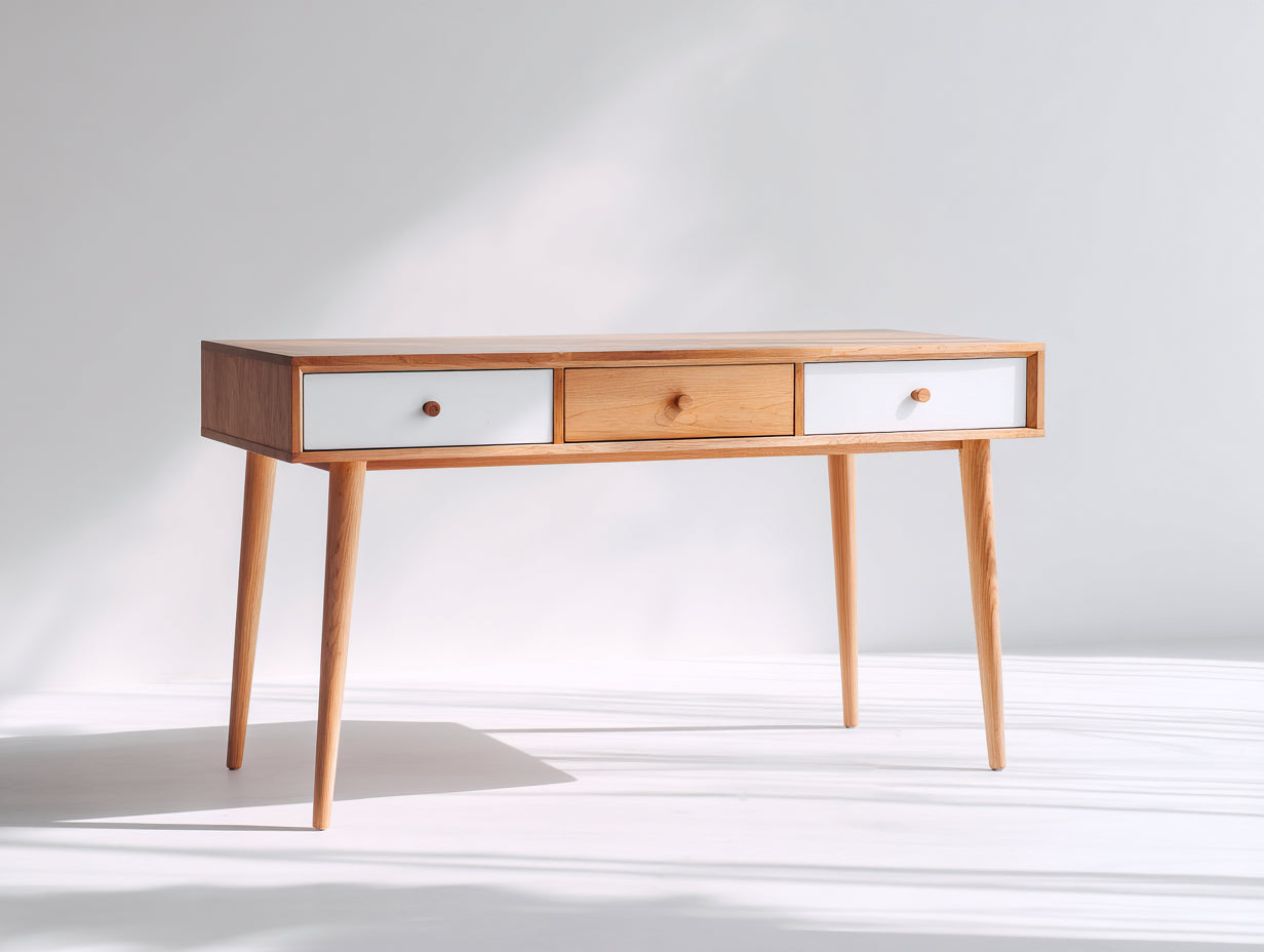 Bureau - Bois - 125x50x76 cm - Bois naturel-Blanc - Scandinave avec tiroirs