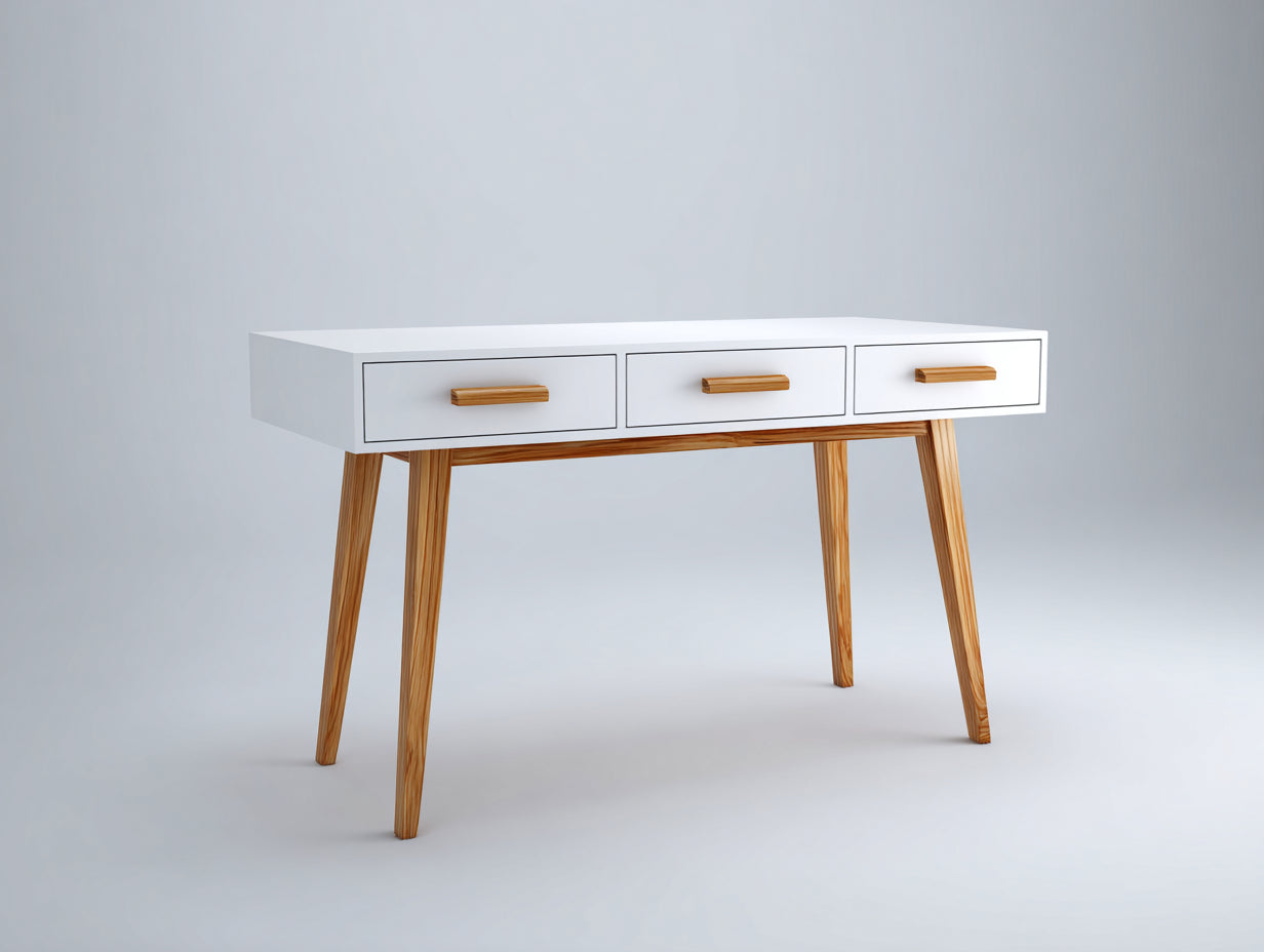 Bureau - Bois - 120x48x77 cm - Blanc-Bois naturel - Minimaliste avec tiroirs